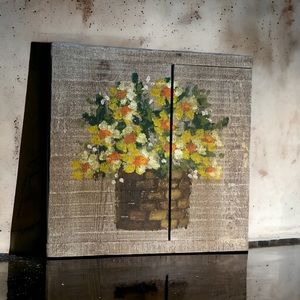 Knotted Barn Wood Rustic Painting Art. Basket Wildflowers Daffodil Cottagecore